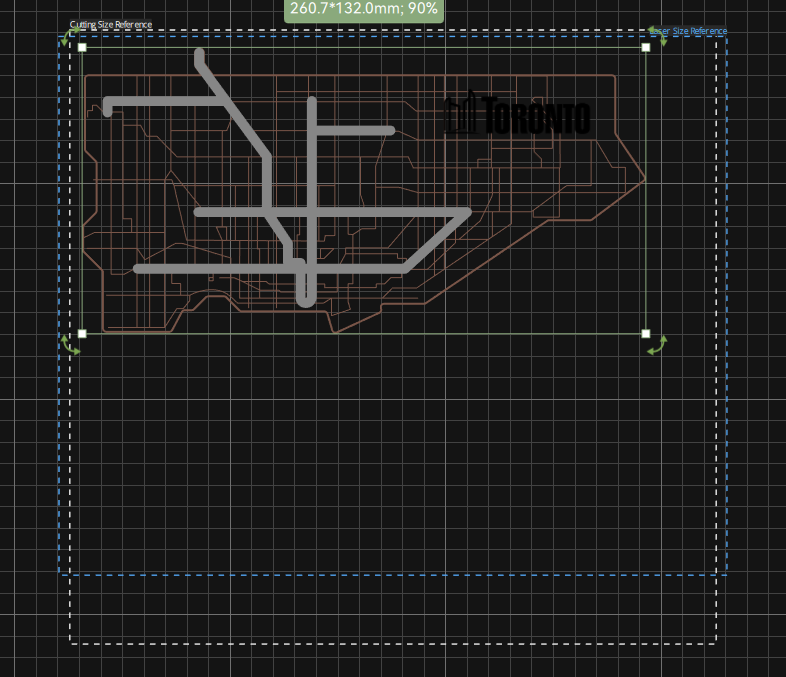 The preview of the engraving work in the H2D software - I wanted to engrave the transit lines to give the vinyl stickers a bit of 